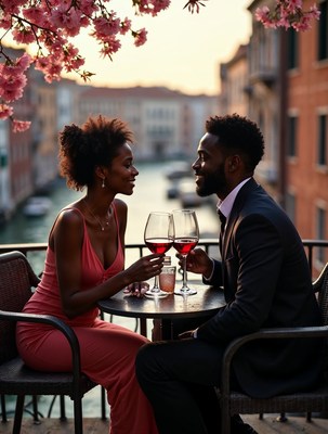 African-American couple toasting wine Venice balcony