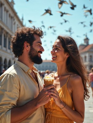 Couple eating ice cream surrounded by pigeons