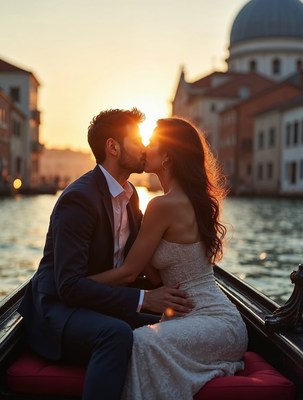 Couple kissing on Venice gondola at sunset