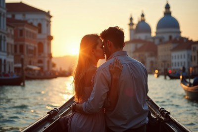 Couple kissing on gondola at Venice sunset
