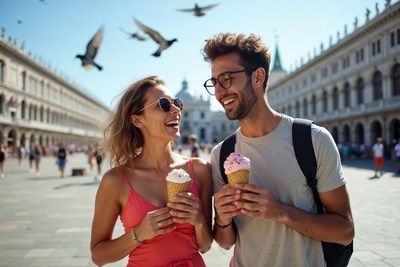 Happy couple eating ice cream in Venice square