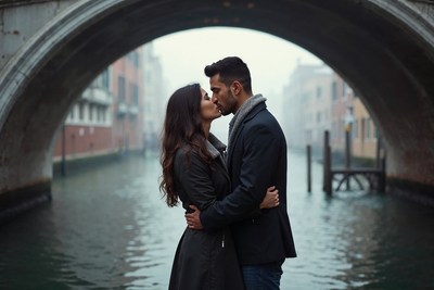 Couple kissing under Venice bridge