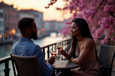 African-American couple toasting wine by canal