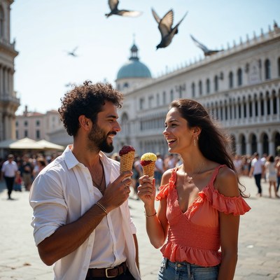 Couple Eating Ice Cream in Venice Square