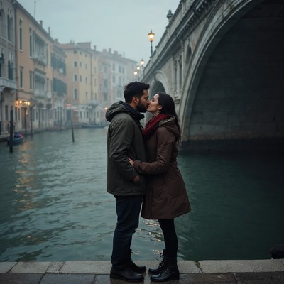 Couple kissing on Venice bridge