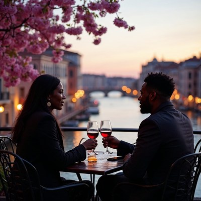 African-American couple toasting wine by Venice canal