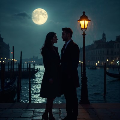 Romantic couple embracing Venice canal night