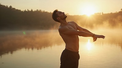 Muscular man stretching at sunrise lake