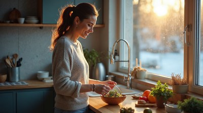 Woman washing vegetables in kitchen