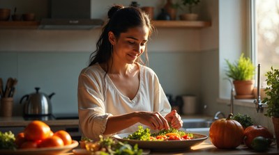 Woman preparing salad in kitchen