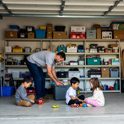 Father and kids playing toy cars in garage