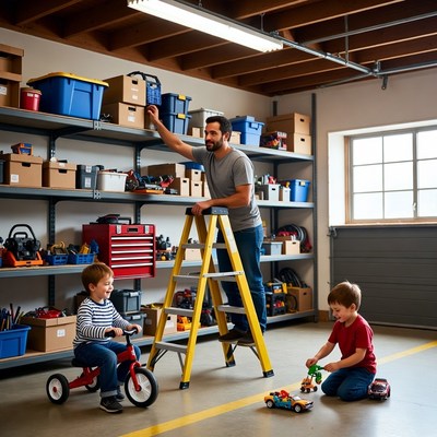 Father on ladder with boys in garage