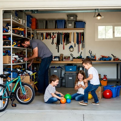Family playing with toys in garage