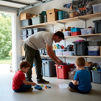 Father and boys in organized garage