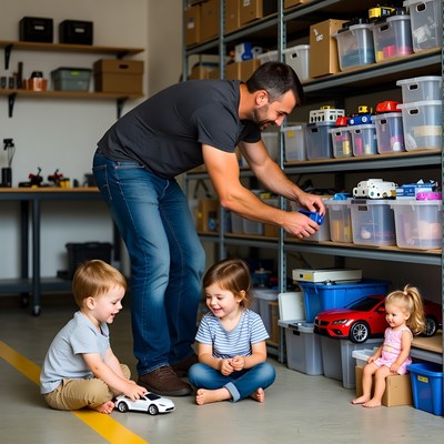 Father playing toy cars with kids in garage