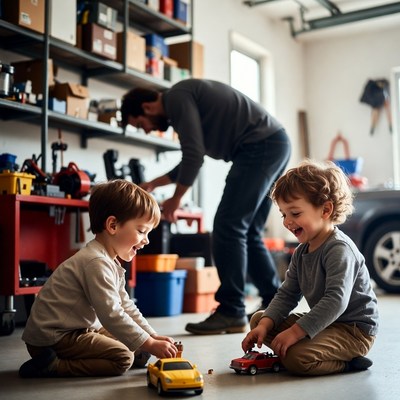 Father and boys playing toy cars in garage