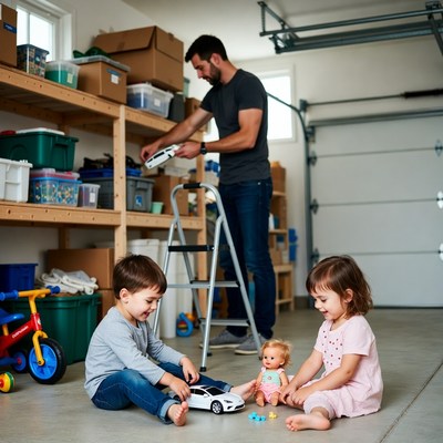 Father and kids playing in garage