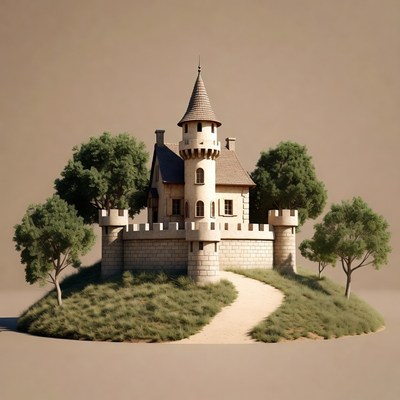 Medieval Castle on Grassy Hill