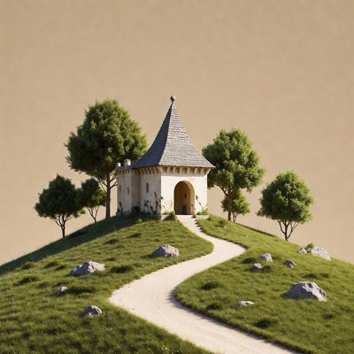 Miniature stone tower on grassy hill