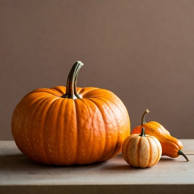 Assortment of pumpkins on wooden table