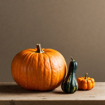 Orange pumpkin with green gourds
