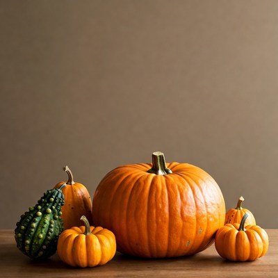 Assortment of pumpkins on wooden table
