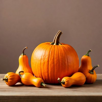 Orange pumpkins on wooden surface