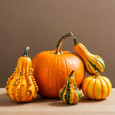 Variety of pumpkins on wooden table