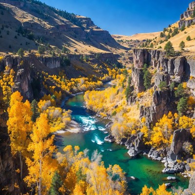 Autumn River in Canyon with Yellow Trees