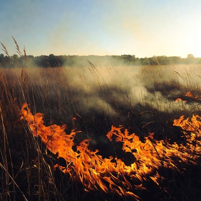 Grass Field Burning at Sunset