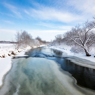 Icy River in Snowy Winter Landscape