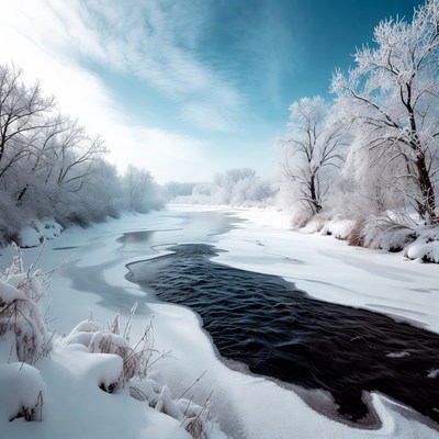 Frozen River in Snowy Landscape