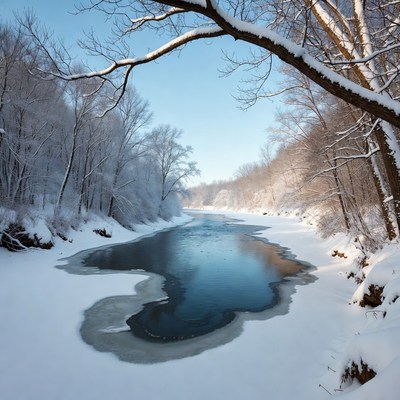 Snowy River with Ice Amid Winter Trees