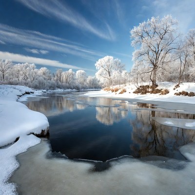 Winter River with Snowy Trees