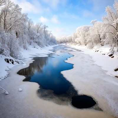 Frozen River in Snowy Forest