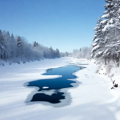 Frozen River with Open Water in Snowy Forest