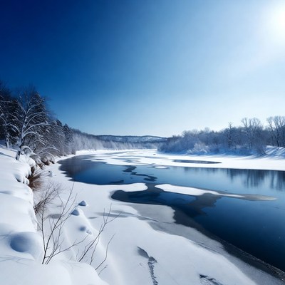 Frozen River in Snowy Winter Landscape