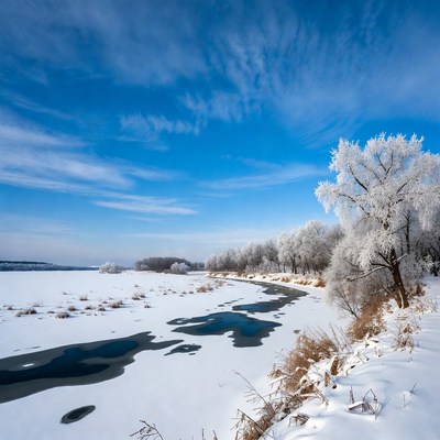 Winter River with Frosted Trees