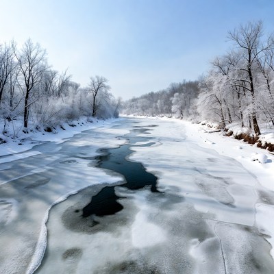 Frozen River in Snowy Woods