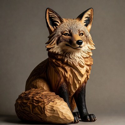Carved wooden red fox sitting