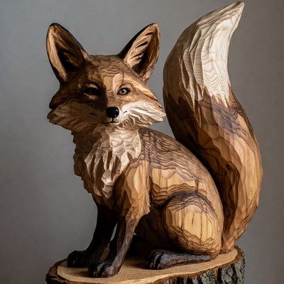 Wood Carved Fox on Log Base