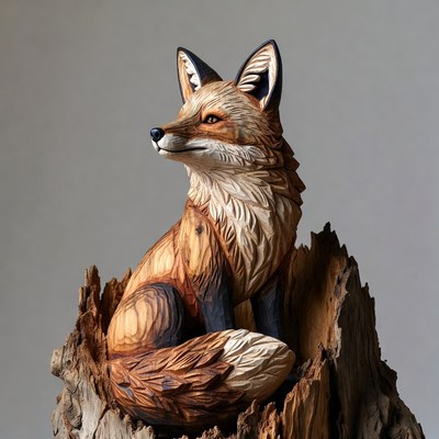 Wood Carved Fox on Tree Stump