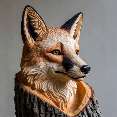 Carved Wooden Fox Head Sculpture