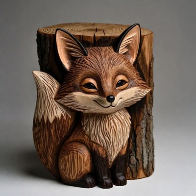 Carved Wooden Fox on Log