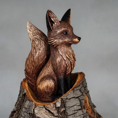 Wood Carved Fox on Stump