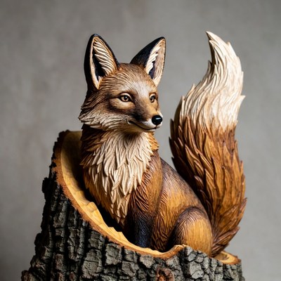 Wood Carved Fox in Tree Stump