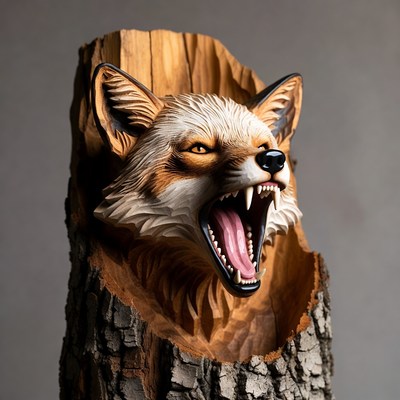 Carved Wooden Fox Head Roaring
