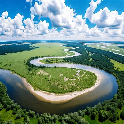 Aerial view of river bend in green landscape