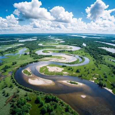 Aerial view of winding river in forest