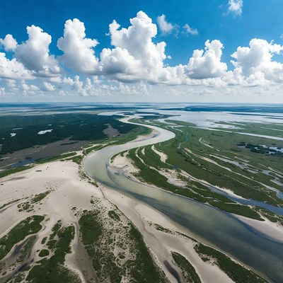 Aerial view of winding river delta